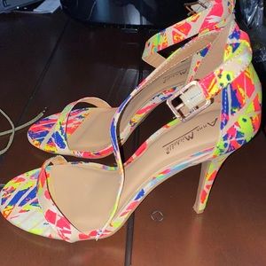 Neon abstract ankle strap open toe heels